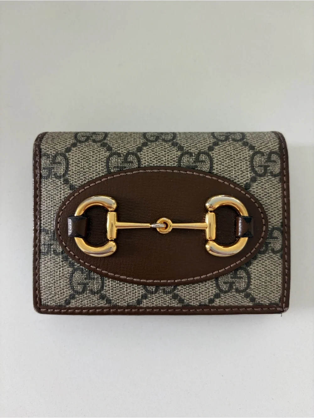 Gucci Beige GG Supreme Canvas Wallet with Brown Leather and Gold Horsebit - Picture 1 of 6